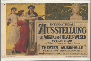 Plakat für die Internationale Ausstellung für Musik und Theaterwesen in Wien, Österreich, das eine Gruppe von Menschen in einem Kreis mit einer Frau, die ein Musikinstrument hält, in der Mitte und Text mit Veranstaltungseinzelheiten zeigt.