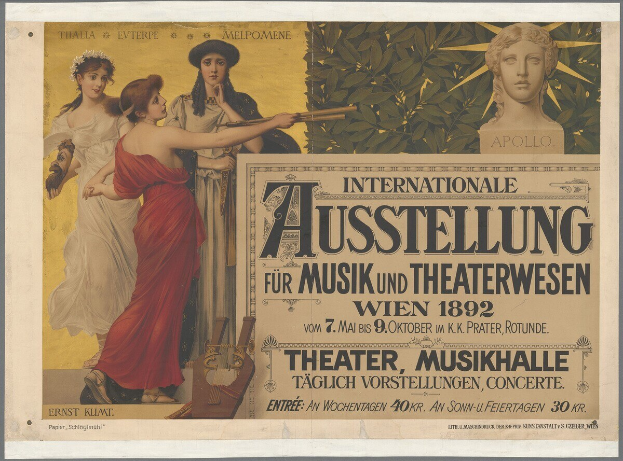 Plakat für die Internationale Ausstellung für Musik und Theaterwesen in Wien, Österreich, das eine Gruppe von Menschen in einem Kreis mit einer Frau, die ein Musikinstrument hält, in der Mitte und Text mit Veranstaltungseinzelheiten zeigt.
