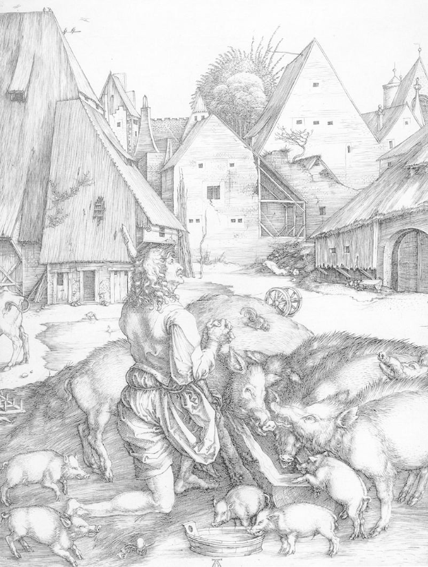 Ein 17. Jahrhundert Schwarz-Weiß-Stich von Albrecht Dürer, der einen Mann zeigt, der Schweine in einem Dorf füttert, mit Häusern, Bäumen und einem Wagen im Hintergrund.