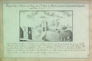 Altes Buch mit dem Titel "Geschichtes Regenholt, Gegenheim, Deutschland, 1777" mit einer Zeichnung eines Schlosses im Hintergrund unter einem bewölkten Himmel.