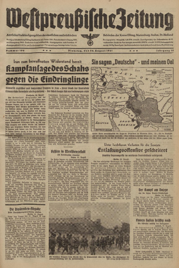 Eine alte Zeitung mit der Überschrift "Weltpreußische Zeitung", datiert auf den 6. August 1941, zeigt eine Gruppe von Menschen und eine Landkarte im Hintergrund.