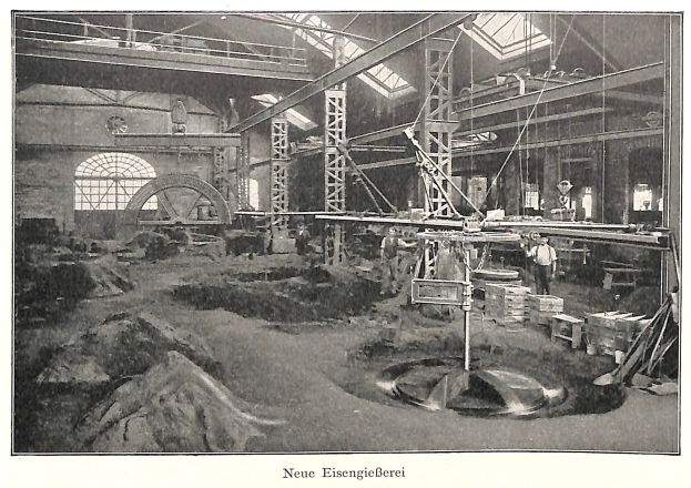 Schwarzes und weißes Foto eines Fabrikinneren mit Arbeitern, die an Maschinen arbeiten, umgeben von Metallstangen und -stangen, beschriftet mit 'Neue Eisenglebeerei, die erste Fabrik in Deutschland' unten.