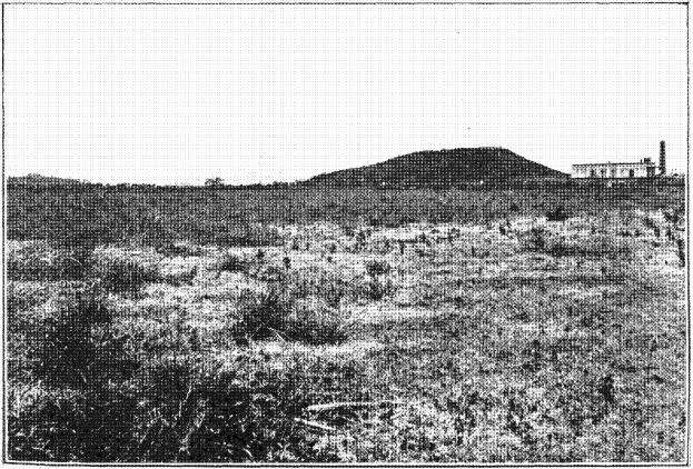 Schwarz-weiß-Foto eines Felds mit einem Hügel im Hintergrund, einem Gebäude auf der rechten Seite und einem Himmel oben, mit Text unten, der "New York State Penitentiary" lautet.