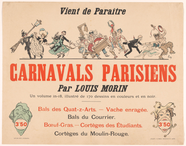 Eine Zeitung mit der Überschrift "Carnivals Parisiens par Louis Morin" in fetter Schrift, die farbenfrohe Illustrationen von Menschen in bunten Kostümen und Masken bei einer lebendigen KarnevalsSzene zeigt.