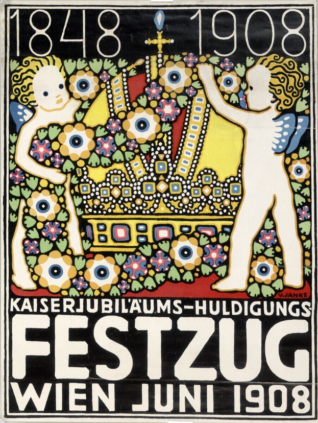 Plakat für ein Wiener Festival mit einem Gemälde von zwei Kindern, die Arm in Arm stehen, und Text mit Festivaldetails.