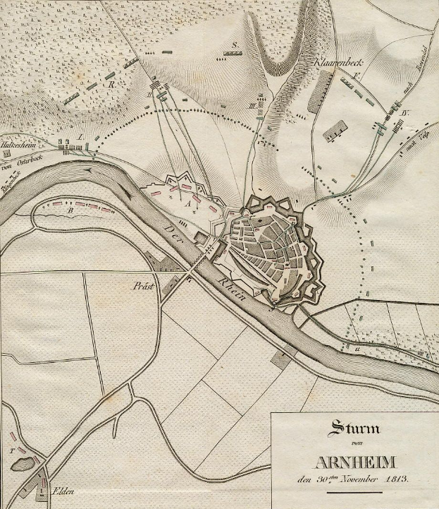 Ein alter Stadtplan von Arnheim, Deutschland aus dem Jahr 1813, der Straßen, Gebäude, Sehenswürdigkeiten und Text enthält, der die Bevölkerung, Geschichte und Kultur der Stadt beschreibt.
