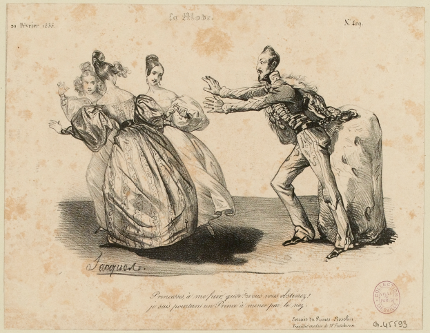 Eine Zeichnung eines Mannes in einem langen, wallenden Kleid und zwei Frauen in langen, hellen Kleidern, die auf einer Bühne tanzen, alle lächelnd und fröhlich aussehend.