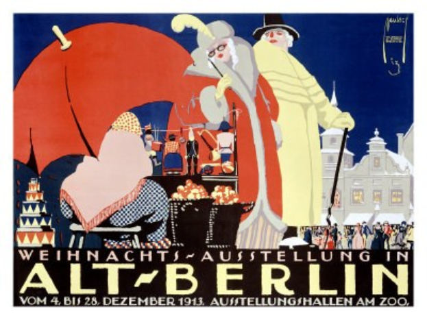 Plakat, das eine Weihnachtsausstellung in altem Berlin ankündigt, mit einer bunten Illustration von Menschen und Gebäuden und dem Text "Weihnachtsausstellung in Alt-Berlin" oben drauf.
