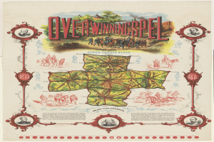 Ein farbenfrohes und detailliertes Stadtplan-Poster von Overwiningspel, Deutschland, mit lächelnden Menschen, Bäumen und klar beschrifteten Sehenswürdigkeiten.