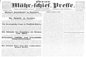 Titelseite einer deutschen Zeitung vom 18. September 1914 mit einem Schwarz-Weiß-Foto eines Mannes im Anzug und Krawatte und der Schlagzeile "Deutscher Reichstag, Bd. 1, Nr. 1".