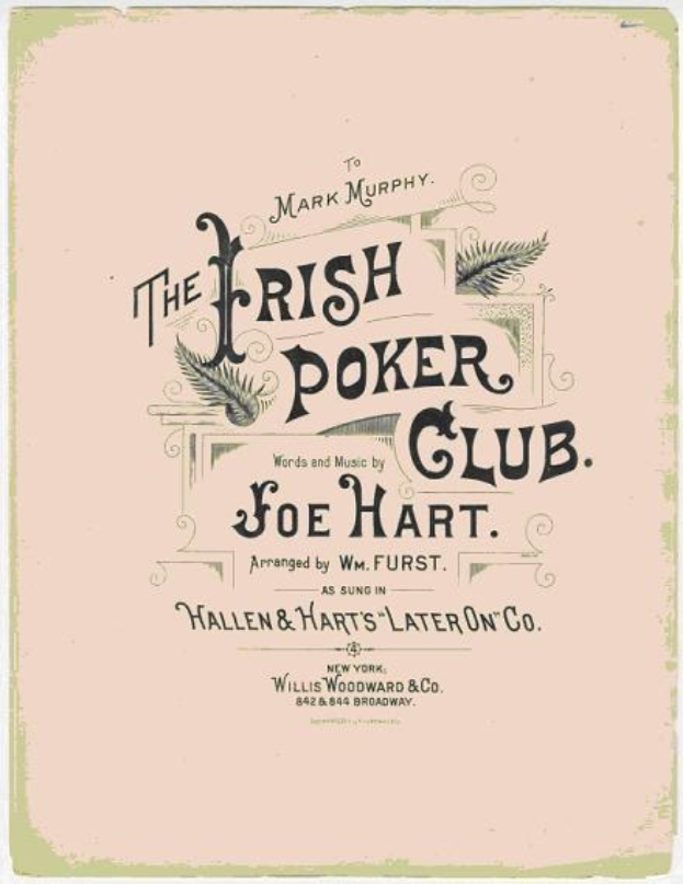 Plakat mit der Aufschrift "The Irish Poker Club" in fetter schwarzer Schrift auf einem weißen Hintergrund, umrahmt von einem schmalen schwarzen Rand, mit einer bunten Kleeblatt-Illustration.