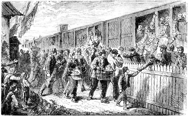 Eine Schwarz-Weiß-Zeichnung einer Gruppe von Menschen, die vor einem Zug stehen, mit einem Zaun auf der rechten Seite und einem Himmel im Hintergrund, mit dem Text 'Victorian Civil War' unten.