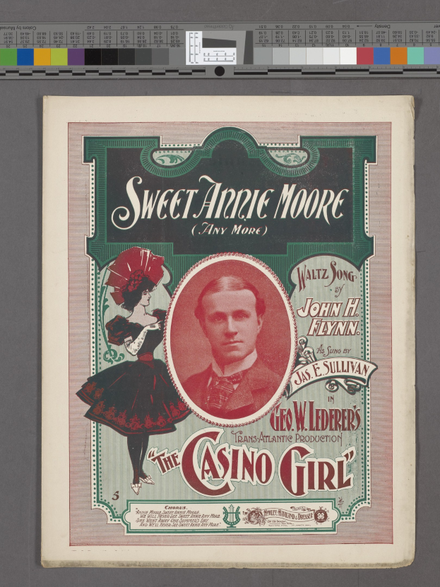 Plakat für das Stück 'Sweet Annie Moore und die Casino Girl' mit zwei Schauspielern, mit fetter Titelzeile über ihren Bildern auf einem hellgelben Hintergrund in einer klassischen Schriftart.