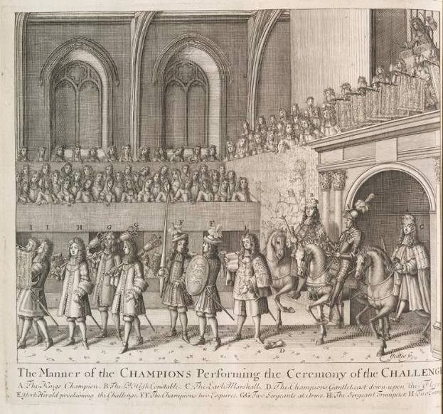 Eine Zeichnung einer Gruppe von Menschen, einige zu Pferd, vor einer Menge und einem Gebäude, mit Text darunter, der "Die Art und Weise, wie die Champions die Herausforderungszeremonie durchführen" lautet.