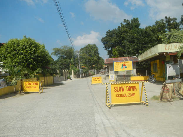Eine Stra├če mit einem gelben "Slow Down School Zone"-Schild, parkende Fahrzeuge auf der rechten Seite und B├Ąume, Geb├Ąude, Masten, Dr├Ąhte und Himmel im Hintergrund.