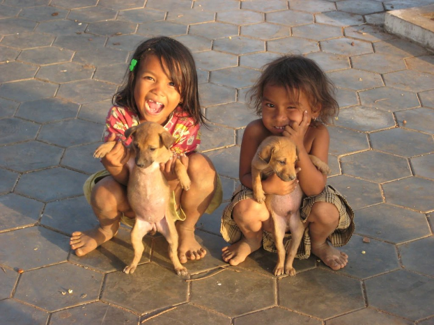 Zwei Kinder, jedes mit einem kleinen Hund in den Händen.