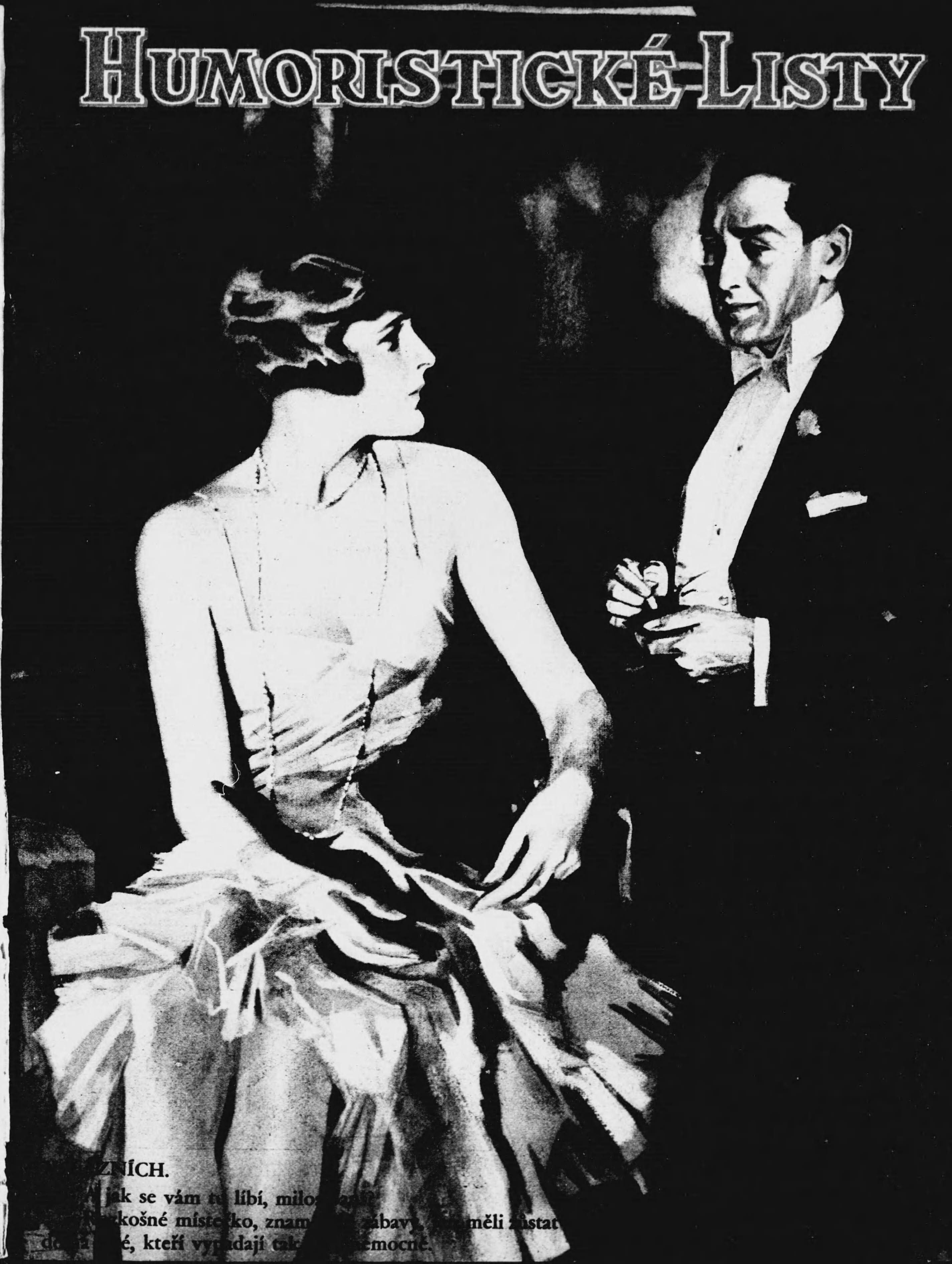 Ein Schwarz-Wei├č-Plakat f├╝r 'Humoristicke Listy' mit einem Mann und einer Frau, auf dem der Titel prominent angezeigt wird.