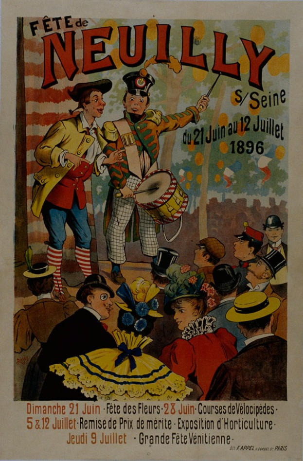 Ein Plakat, das ein Karnevalsfest in Paris, Frankreich, ankündigt, mit einer Gruppe von Menschen in bunten Kostümen und Hüten, wobei eine Person ein Musikinstrument hält, und wahrscheinlich den Karneval ankündigendem Text.