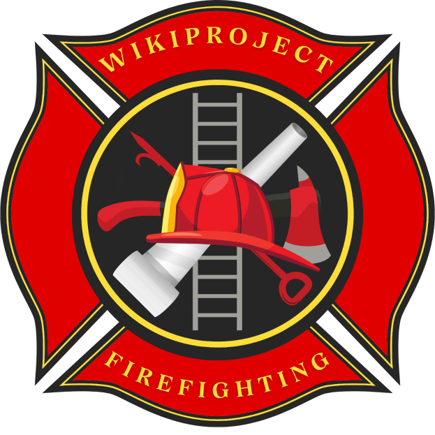 Ein Feuerwehrlogo mit den Worten "Wikiproject Feuerwehren" in fetter, weißer Schrift auf einem hellroten Hintergrund, das eine Leiter, einen Helm und andere Gegenstände zeigt, die in einem Kreis um den Text angeordnet sind.