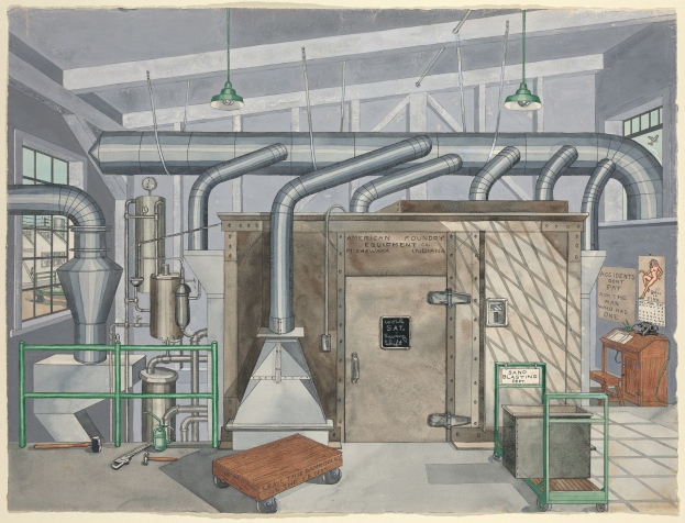 Ein detailliertes Zeichnung eines industriellen Fabrikinneren mit verschiedenen Maschinen, Rohren, einem Karren, Möbeln, einem Schild mit der Aufschrift "American Foundry Equipment Co, Indiana", Fenstern und Deckenbeleuchtung.