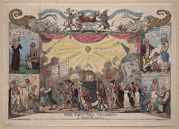 Ein Plakat auf einem Tisch oder an der Wand, das Menschen mit Schildern zeigt, mit Cartoon-Teufeln oben.