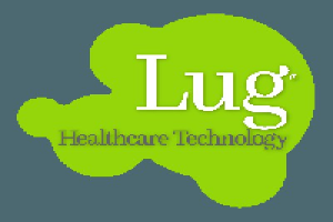 Logo für Lug Healthcare Technology, das den Unternehmensnamen in fetter schwarzer Schrift zeigt, zentriert auf einem weißen Hintergrund, umgeben von einem blauen und weißen Kreis.