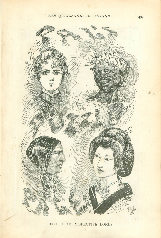 Ein altes Buch mit einer Zeichnung von vier Frauenköpfen und dem Text "Die queere Seite der Dinge."