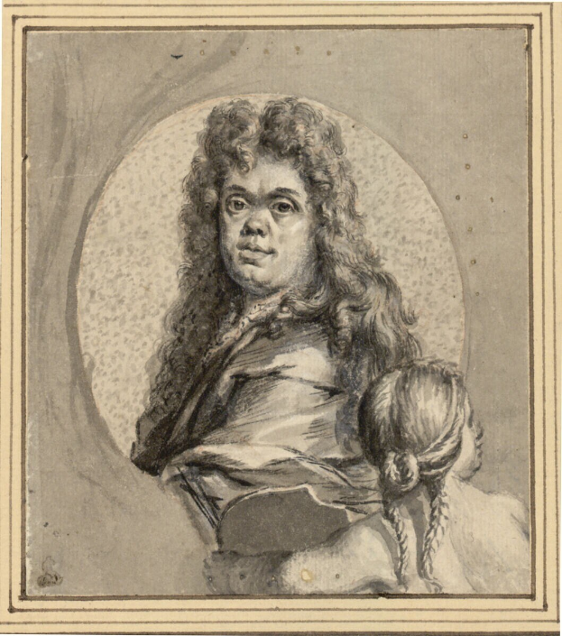 Ein Porträt eines Mannes mit langen Haaren und ernstem Gesichtsausdruck, der dem Betrachter gegenübersteht, neben einer Frau mit sanftem Gesichtsausdruck, die ein Kind hält, beide direkt in die Kamera schauend.