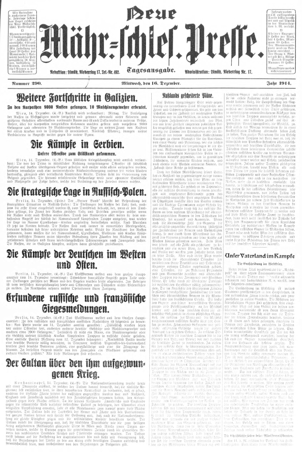 Titelseite einer deutschen Zeitung vom 18. September 1914 mit einem Schwarz-Weiß-Porträt eines Mannes im Anzug und Schlips, mit der Überschrift "Deutsches Reichstag, Vol 1, No 1."