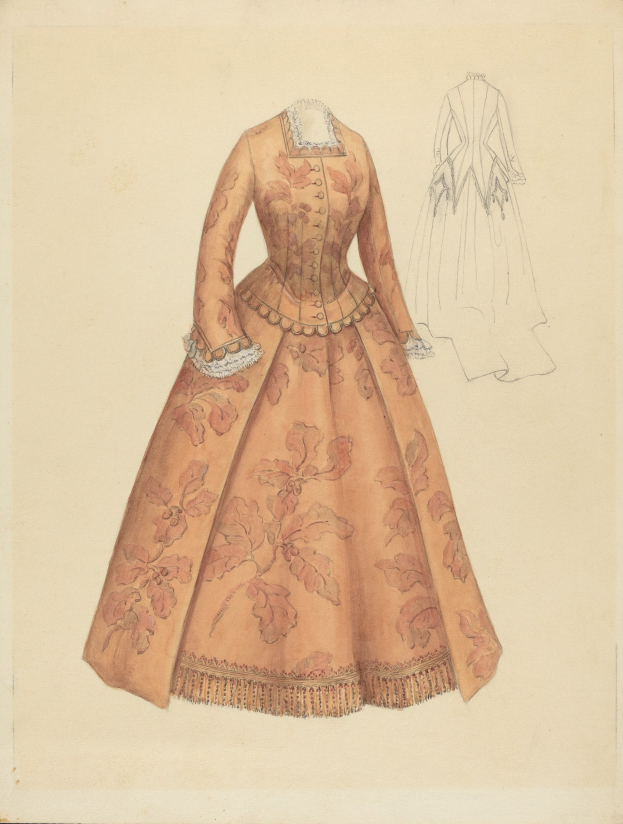 Ein detailliertes Kostümdesign aus dem 18. Jahrhundert für ein langes, hochgeschlossenes Kleid mit einem floral gemusterten Mieder in Rosa, Lila und Blau, einem Spitzenbesatzrock und einem hellblauen Hintergrund.