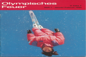 Ein Buchumschlag mit einem Skifahrer in der Luft, der einen Skianzug trägt und auf dem der Text "Olympische Spiele Feuer - Heft 1 - Januar/Februar 1988" deutlich zu sehen ist.