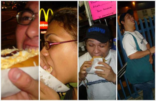 Ein Collage-Bild, das drei Personen beim Essen zeigt, mit einem Logo, einem Schild, einem Gebäude, Licht, einem Zaun und einer Wand im Hintergrund.