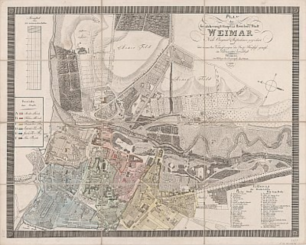 Detailiertes altes Stadtplan von Weimar, Deutschland, zeigt Straßen, Gebäude und Sehenswürdigkeiten mit begleitendem Text über Bevölkerung und bemerkenswerte Merkmale.