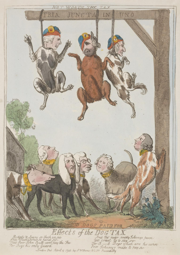 Ein Blatt Papier mit einer Zeichnung einer Gruppe von Menschen und Tieren, darunter ein Hund, der an einem Holzpfahl hängt, mit einer Beschreibung der Auswirkungen der Hundesteuer.