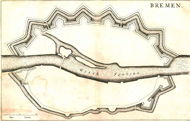 Ein detaillierter Stadtplan von Bremen, Deutschland, mit Straßen, Gebäuden und Sehenswürdigkeiten, überlagert mit Text.