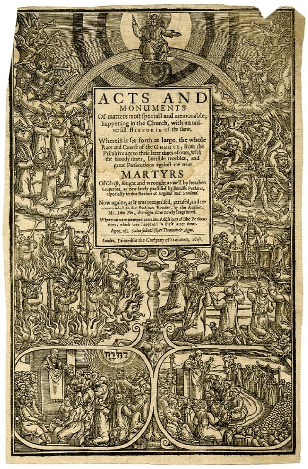 Altes Buch mit dem Titel "Acts and Monuments of Martyrs" mit einer Schwarz-Weiß-Illustration einer vielseitigen Gruppe von Menschen und fetter Schrift.