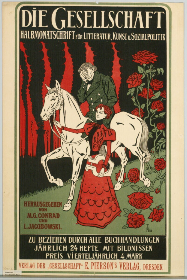 Ein deutsches Propagandaplakat der Gesellschaft, das einen Mann und eine Frau auf einem Pferd umgeben von Rosen zeigt, mit Text, der Informationen zum Ereignis enthält.
