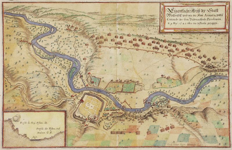 Ein detailliertes altes Stadtplan von Stuttgart, Deutschland, mit Straßen, Gebäuden und einem Fluss, sowie informativen Text.