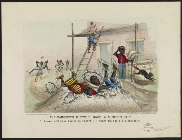 Plakat mit dem Titel "The Darktown Bicycle Race - A Sudden Halt", das eine chaotische Szene mit angehaltenen Radfahrern, Menschen auf Leitern, einem Gebäude und anderen Gegenständen zeigt.