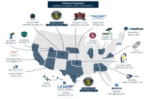 Karte der Vereinigten Staaten mit den Standorten von Software-Unternehmen und ihren Logos sowie zusätzlichen Details auf der Karte.