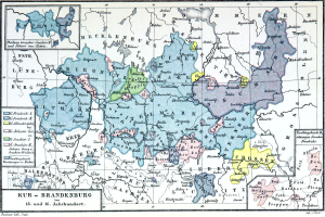 Eine detaillierte Deutschlandkarte, die die Provinz Brandenburg hervorhebt, einschließlich Städte, Gemeinden und geografischen Merkmale, mit Text, der zusätzliche Informationen über die Region bereitstellt.