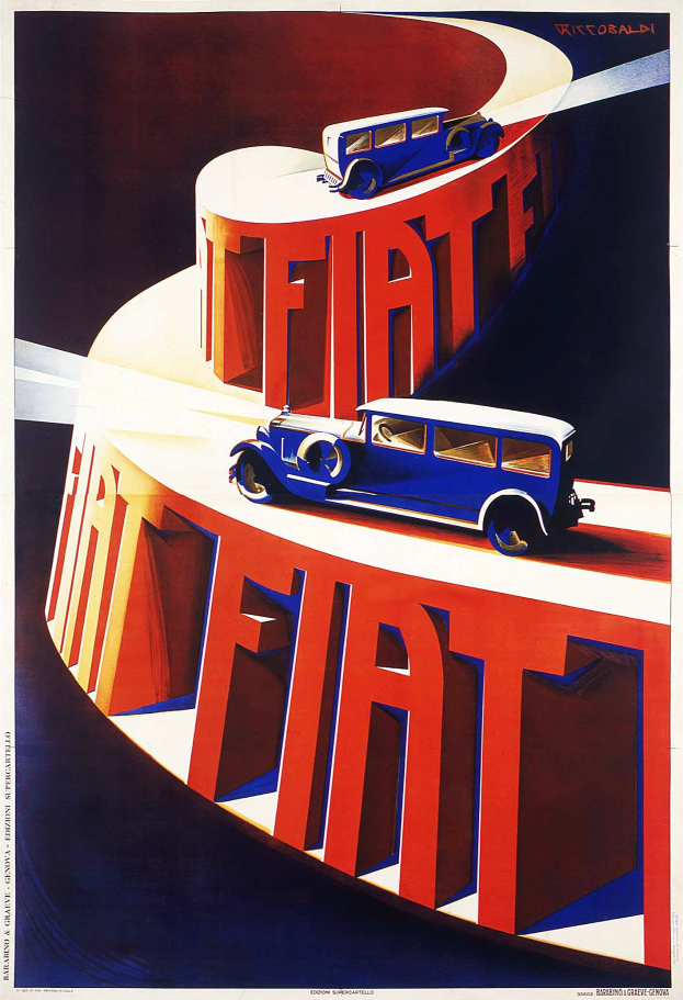 Blauer und roter Fiat auf einem Werbeplakat mit 'Fiat'-Text.