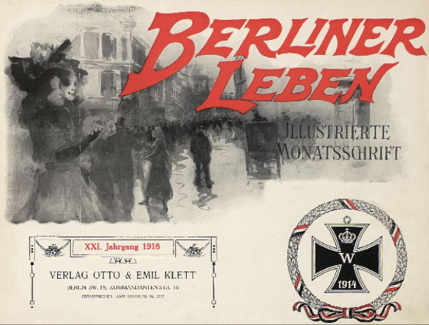 Ein altes Buchcover mit einer Gruppe von Menschen in festlicher Stimmung, Text "Berliner Leben" und einem Logo, das mit der deutschen Militär verbunden ist.