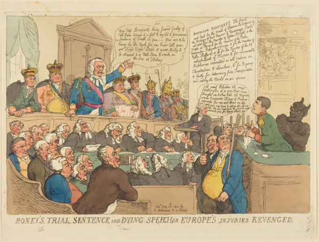 Eine Karikatur einer Gerichtsszene mit einer Gruppe sitzender Menschen und einem stehenden Mann in der Mitte, einem Tisch mit Gegenständen rechts und einem Text unten, der 'Boney's Trial, Sentence and Dying Speech Europe's Injuries Revenged' lautet.
