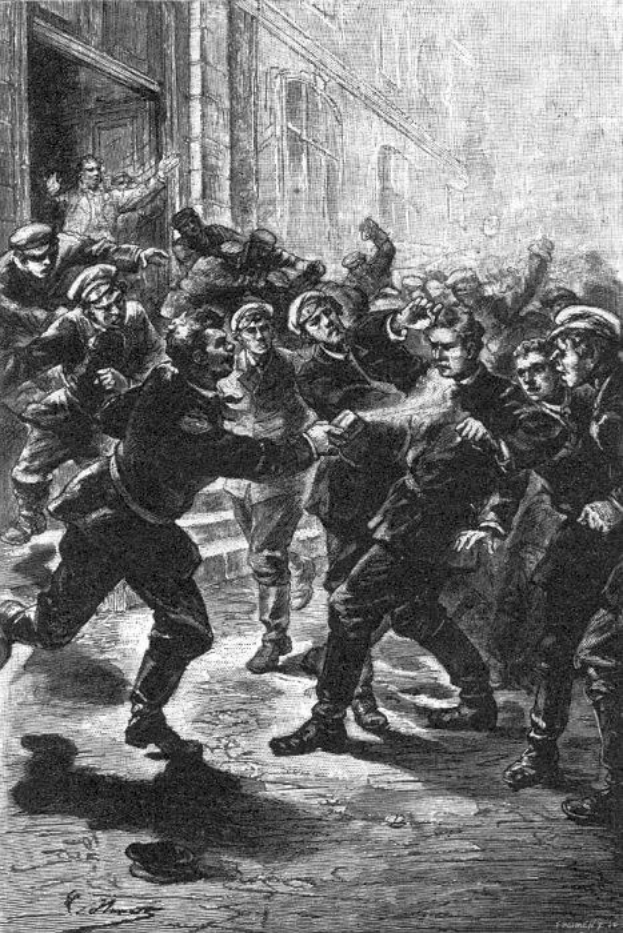 Schwarze und weiße Illustration einer gewalttätigen Straßenunruhen unter einer Gruppe von Männern in viktorianischem London, mit einem Gebäude im Hintergrund und Text unten, der 'Victorian riots in London, England' lautet.