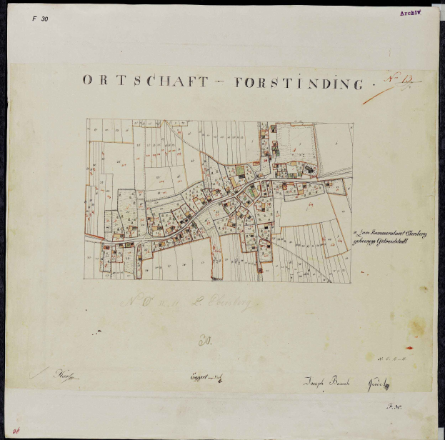 Eine alte Karte von Ortschaft, Deutschland, mit einem schwarzen Hintergrund, die detaillierte Straßen, Gebäude und Sehenswürdigkeiten zeigt.