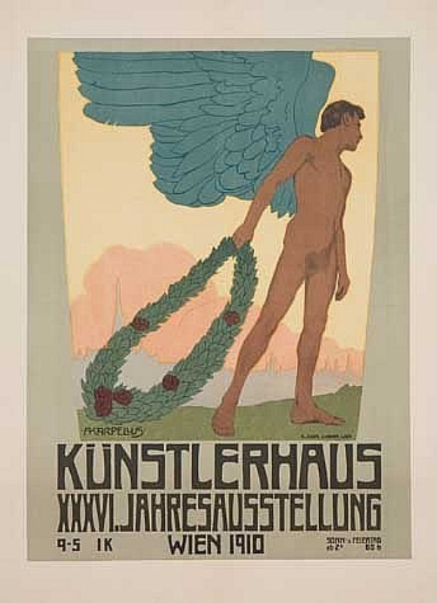 Deutsches Propagandaplakat aus dem Jahr 1910 mit einem geflügelten Mann in heroischer Pose, der einen Kranz hält, mit der Aufschrift "Künstlerhaus Wien 1910" oben.