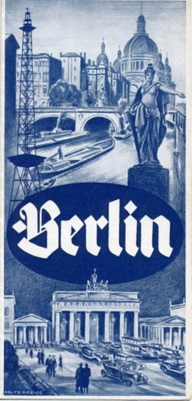 Plakat, das Berlin, Deutschland, bewirbt, mit einer Statue, historischen Gebäuden, einem Turm, Fußgängern, Fahrzeugen auf einer Straße und einer Brücke, mit Text, der Stadtinformationen enthält.