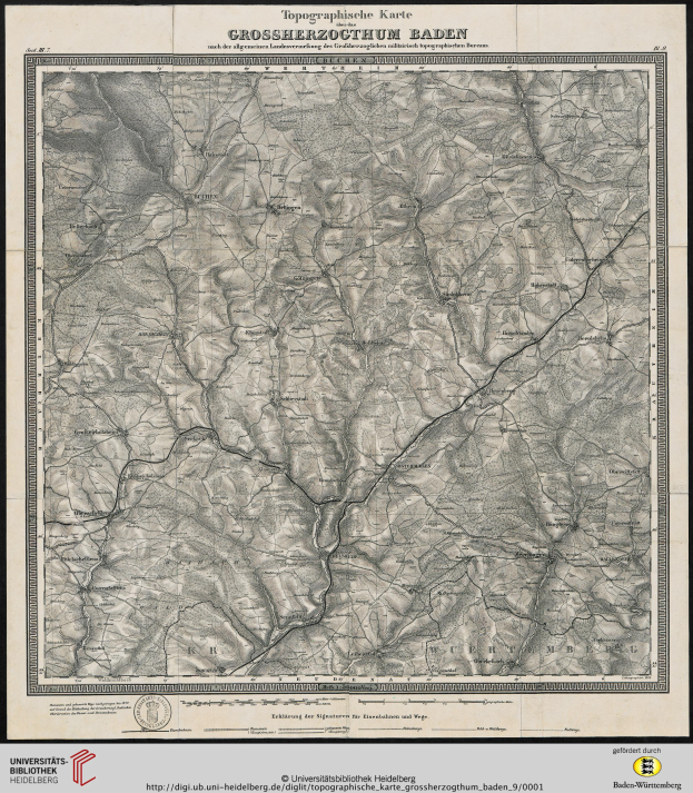 Ein gerahmtes topografisches Kartenbild von Baden-Württemberg, Deutschland, das Geländekonturen, Höhenmeter und geografische Merkmale mit Textbeschriftungen zeigt.