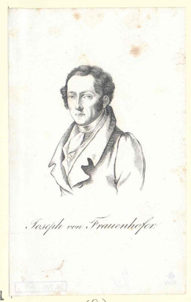 Ein Schwarz-Weiß-Zeichnung von Joseph von Frauenhofer, einem deutschen Komponisten, auf einem Blatt Papier mit etwas Text.